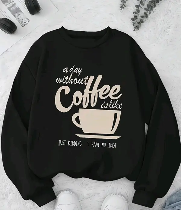 Women's Coffee Print Crew Neck Sweatshirt - Long Sleeve, Comfortable Everyday Fabric, Cute Graphic Streetwear Top, Trendy Garment for Spring & Fall (T-Shirt Alternative)