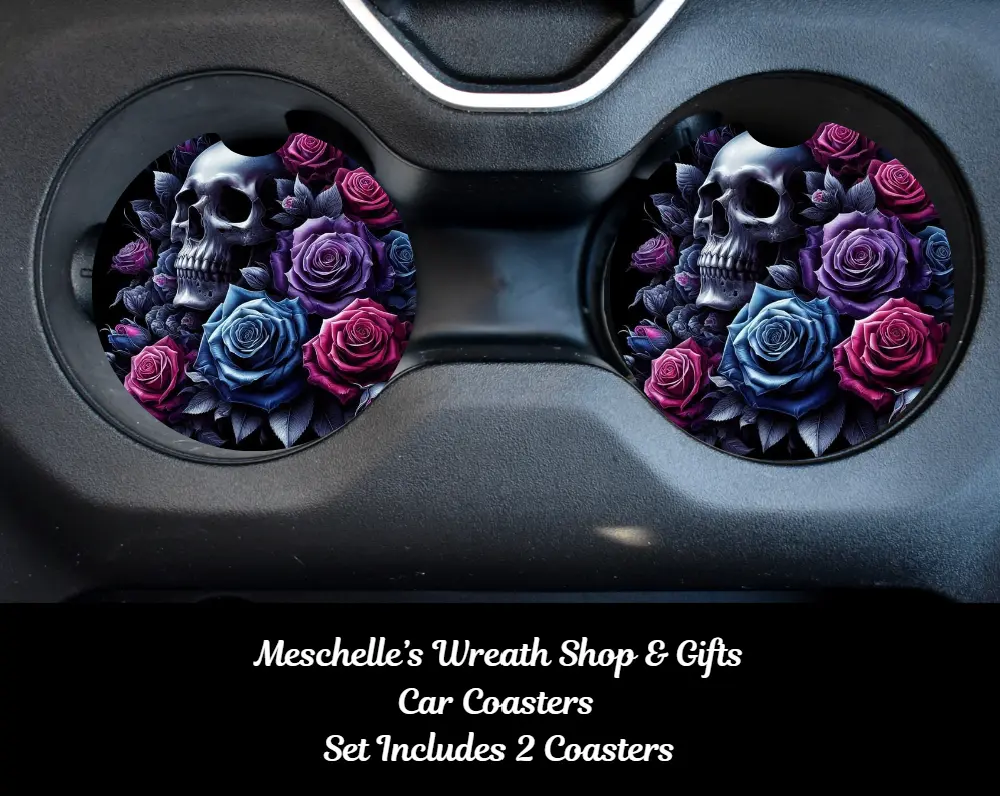 Skull & Roses Car Interior Coasters Set - Stylish Car Decor Gift, Automotive Interior Accessories for Vehicle Upgrade, Car Interior Accessories, Car Decorations Interior, Car Cup Holders