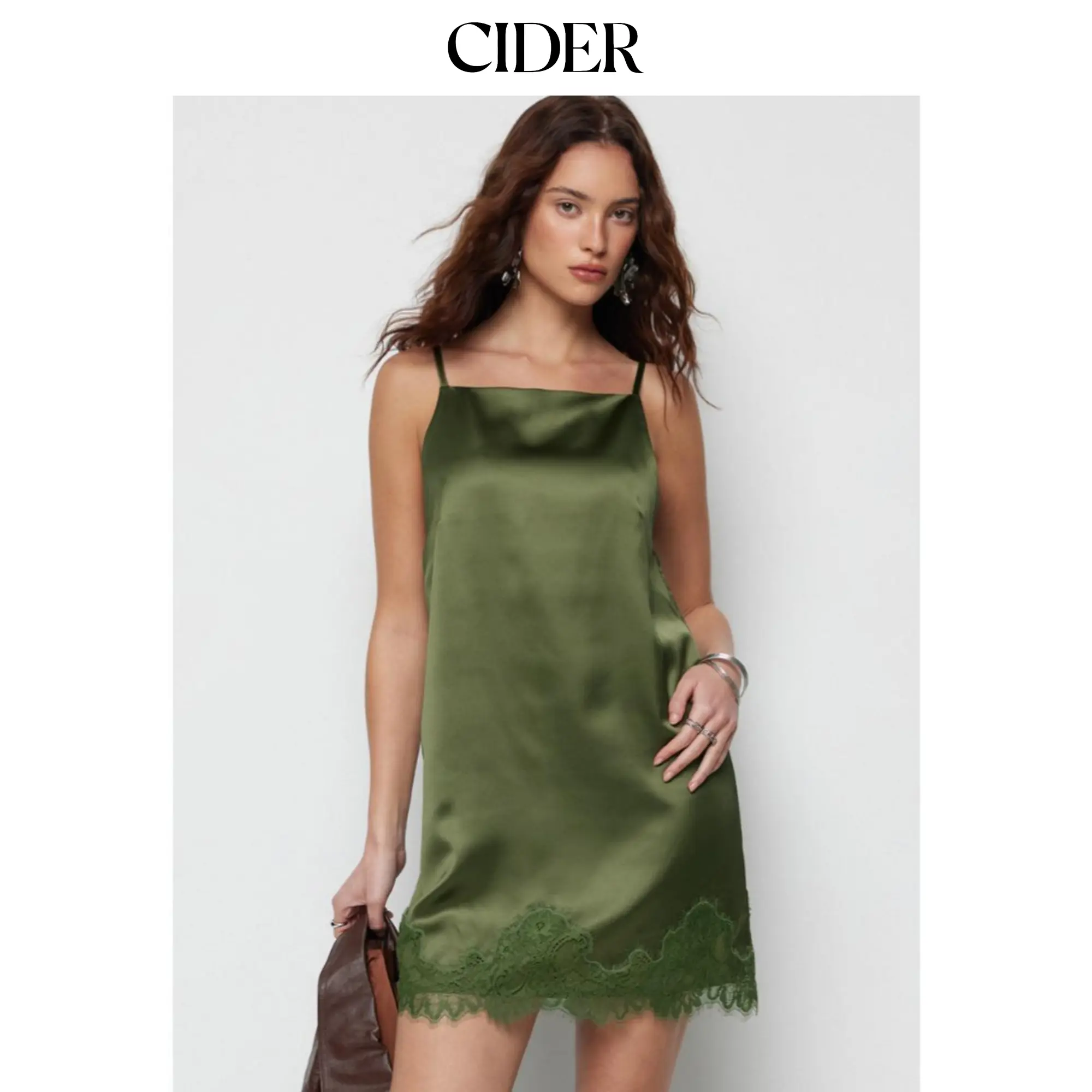 Cider Satin Boat Neck Lace Trim Straight Mini Dress
