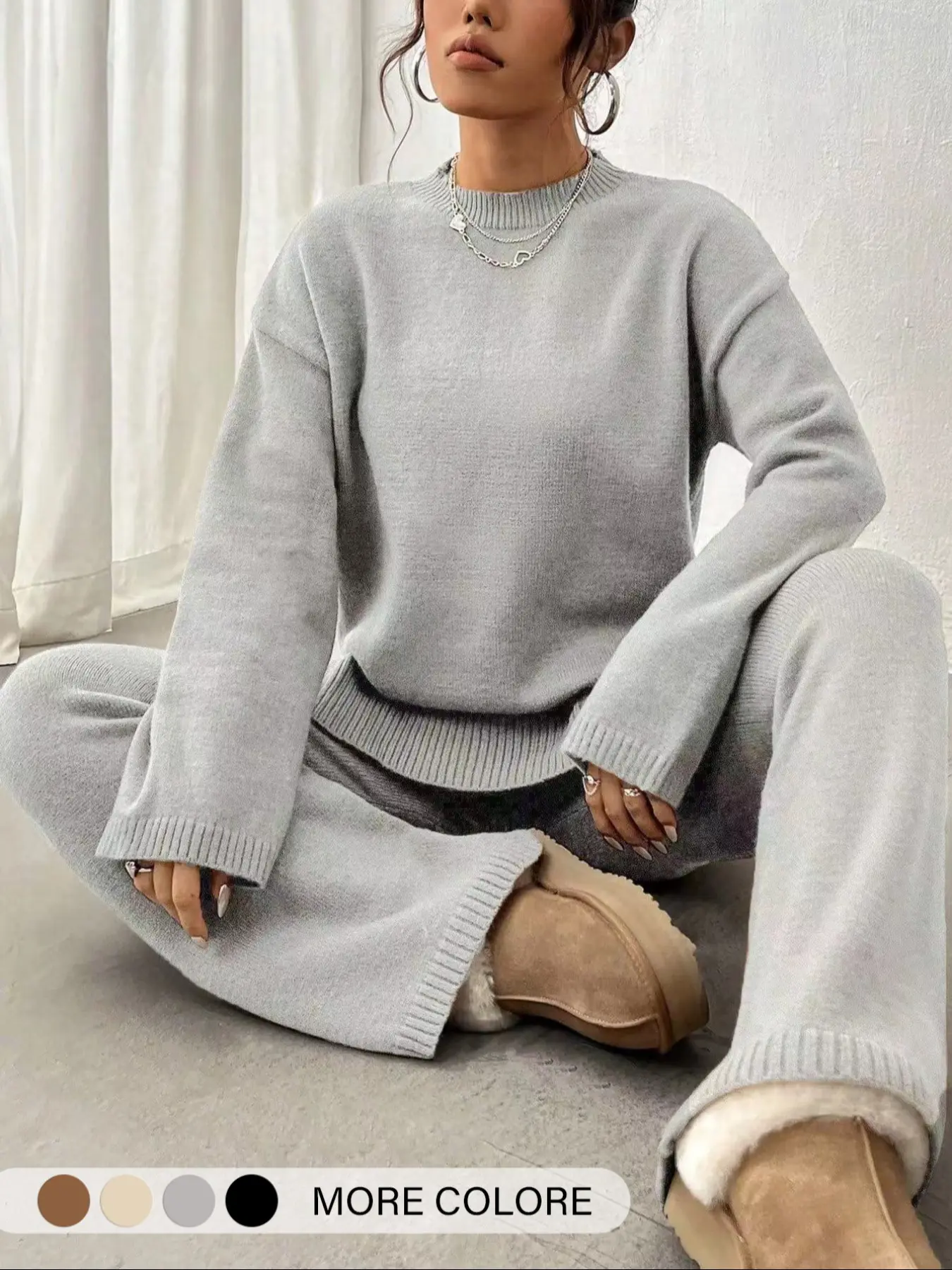 Women's Comfortable Soft Round Neck Sweater Long Sleeve Straight Leg Pants Set Outfit, Basic Casual Fall Winter Knitwear Womenswear, Casual Outfits Women