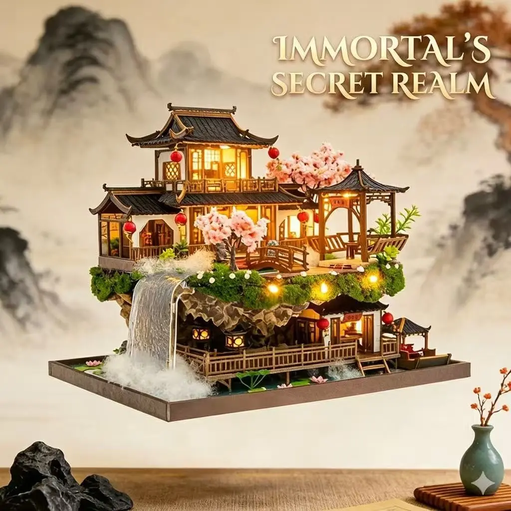 DIY Book Nook Kit, 3D Wooden Puzzle Miniature House with LED Light, Chinese Immortal Realm Style Bookshelf Insert Decor, Creative Gift for Adults & Teens, DIY Building Model, DIY Collectible Model (Fairyland)