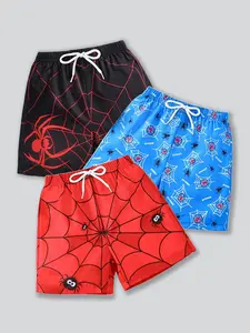 Boys' Spider Print Swim Trunks, Summer Cartoon Shorts, Non-Slip Drawstring Design, Swimming Sports Gear, 3-Piece Set