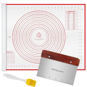 Silicone Pastry Baking Mat with Measurements Extra a Brush and a Dough Scraper- 27.5” x 20” Heat Resistant, BPA Free, Non-Stick Non-Slip Pastry Mat for Rolling Dough, Easy to Clean, Red