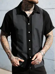 Plus Size Men's Summer Plus Size Classic Grey Black Colorblock Striped Shirt, Tall Vertical Stripe Casual Short Sleeve Button Down, Comfortable Fit