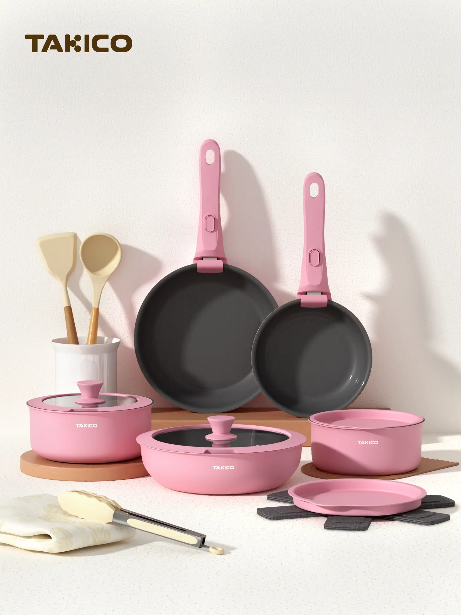 【DealsForYouDays】Ceramic Cookware Set,Cookware Sets Detachable Handle, Nonstick Kitchen Cookware Oven/Dishwasher/Fridge Safe, Space Saving Pots Fry Pan