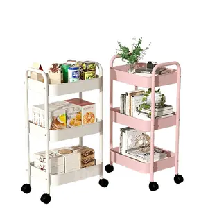 Pink 3-Tier Rolling Storage Cart – Sturdy Metal Organizer Cart with Wheels for Kitchen, Bathroom, Baby Stuff & Makeup Storage
