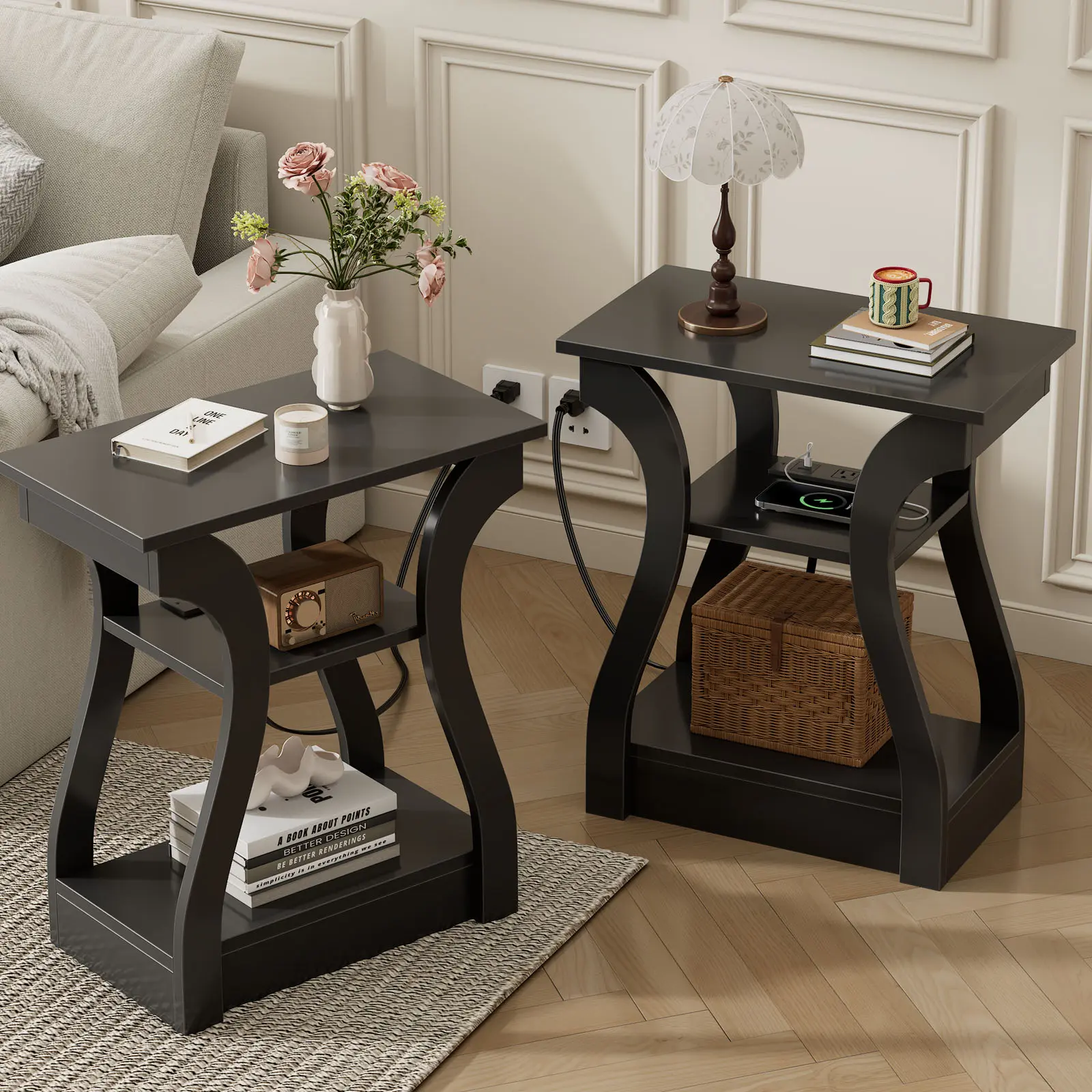 3 Tier End Table with Charging Station, Modern Curved Nightstand Side Table with USB, Type-C Port & AC Outlets, Storage Shelf Cabinet for Living Room Bedroom Home Decor