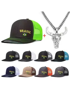Unisex Baseball Cap & Bull Head Necklace Set, Brazil Flag Design, Adjustable Trucker Style, Casual All-Season Wear, Perfect Gift, Adjustable Snapback Cap
