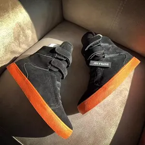 Supra TK Society Men's High Top Skateboard Shoes Black Orange Full Suede Iridescent Outsole Velcro