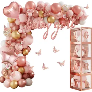 134pcs Rose Gold Balloons Baby Shower Decorations Girl Boxes Butterfly Stickers Garland Arch Kit Baby Box Letter A-Z Baby Women Birthday Bridal Party