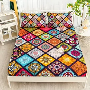 Vintage Colorful Floral Bedding Set, Includes 1 Fitted Sheet and 2 Pillowcases, Polyester Material, Digital Print, All Seasons Use, Boho Bedding