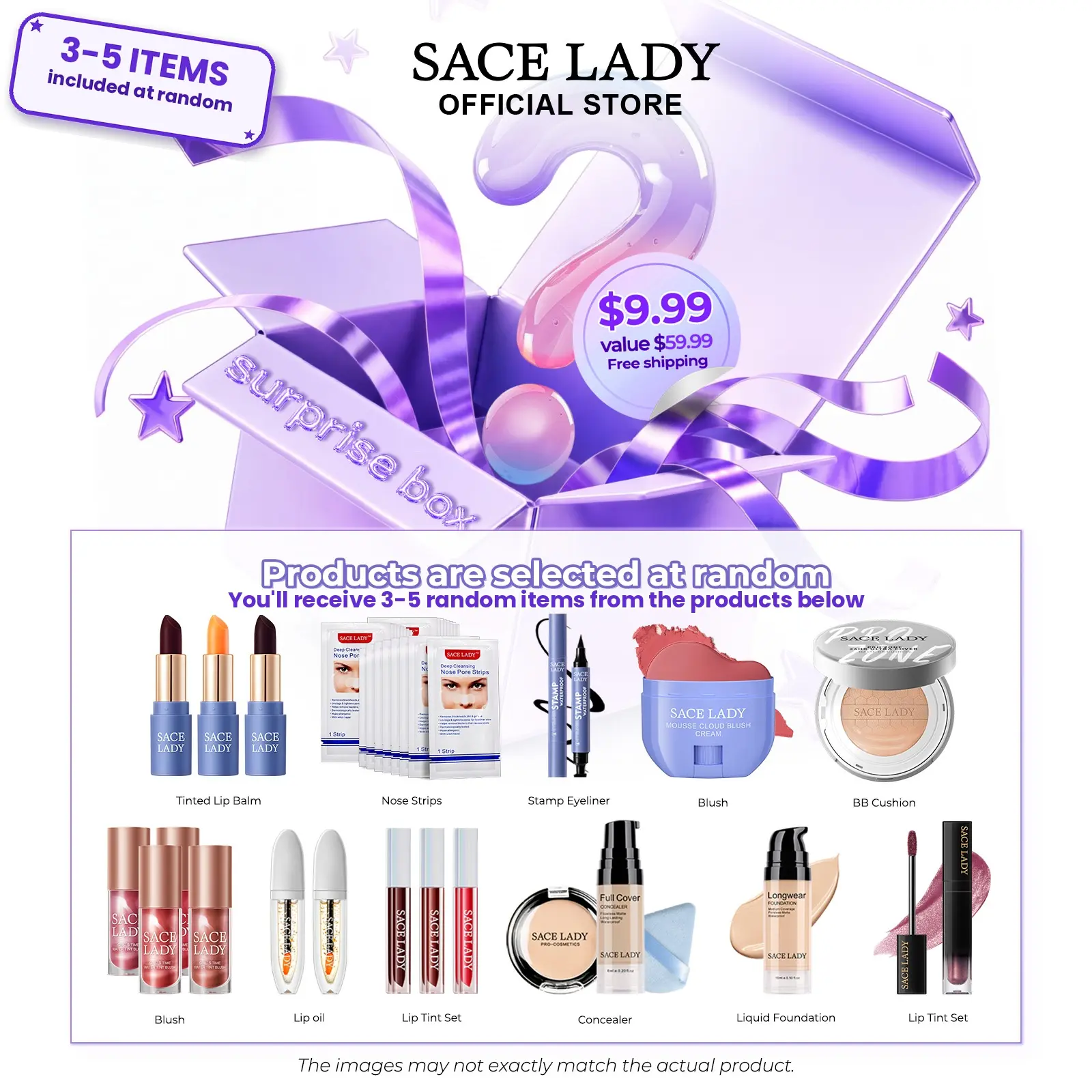 SACE LADY Mystery Blind Surprise Box Makeup Set - Lipstick, BB Cushion, Eyeliner, Blush, Concealer, Lip Balm, Foundation, Stamp Brow Pencil - Flawless Full Face Beauty Cosmetics Gift Set,back to school