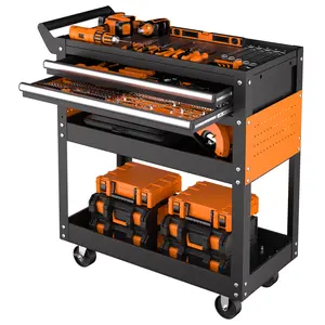 4-Tier Metal Rolling Tool Cart, Heavy Duty Utility Storage Cart with Lockable Wheels, Closed Drawer, Deep Shelves & Non-Slip Mats, 350KG Load Capacity for Garage, Workshop & Warehouse