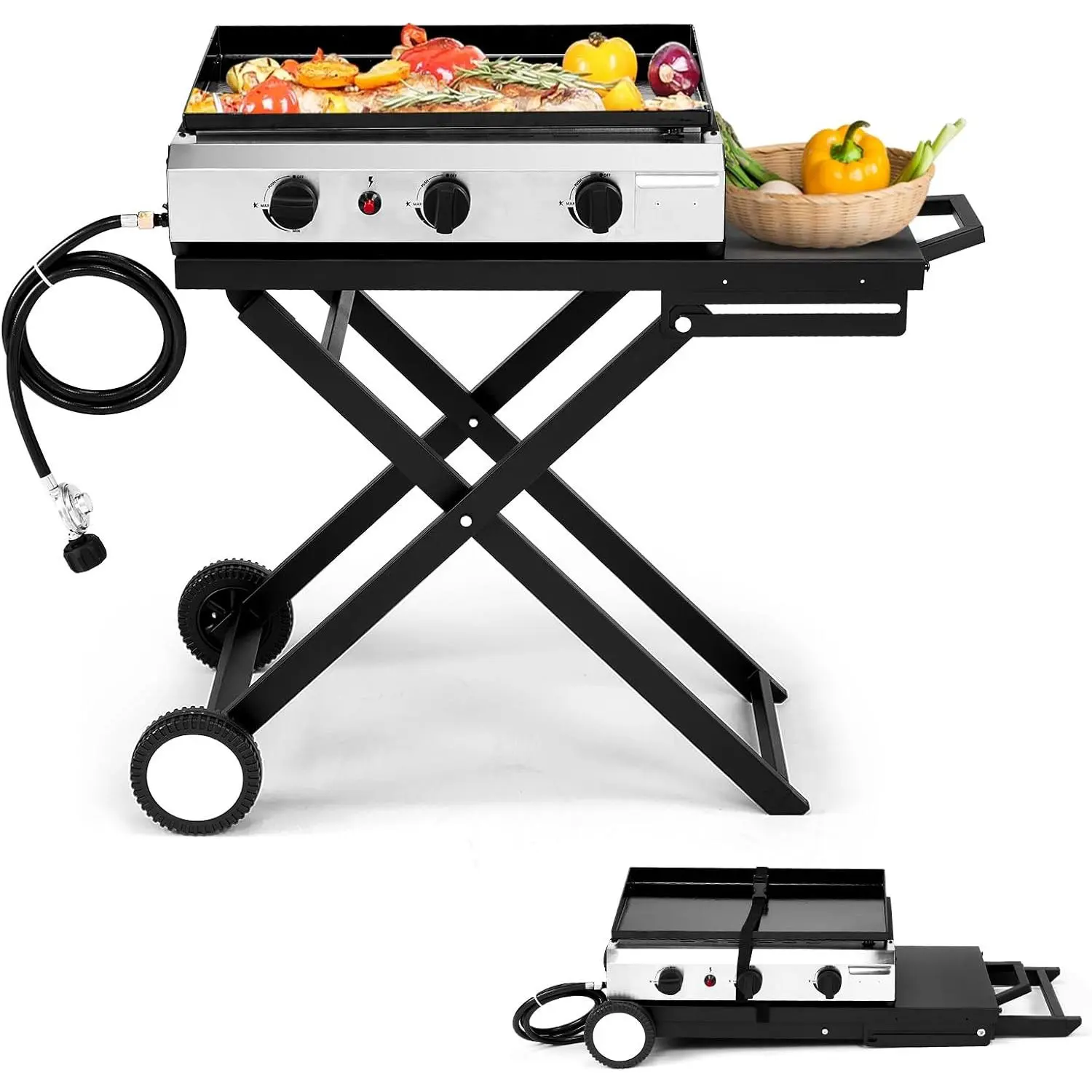 Titanium Foldable Nonstick Flat-Top Gas Griddle - 30000 BTU Portable Grill with Electronic Spark Ignition, Timer, Wheels, Enameled Tray, Regulator for Outdoor Cooking, Tailgating