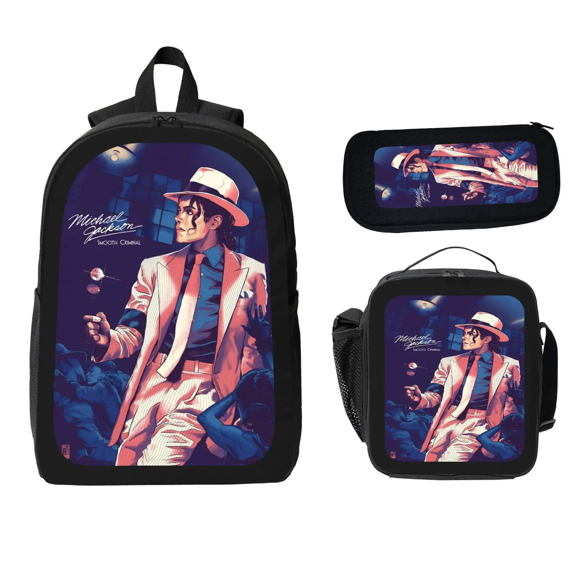 Michael Jackson Backpack Set 3Pcs Kids School Bag Lunch Bag Pencil Case Pop Music Theme Fashion Statement Bookbag Lightweight Travel Backpack Cool Trendy Everyday Outfit Essential Back To School Stylish Gift For Boys Girls Students