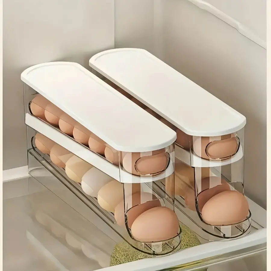 【Deals For You - Mid Year Sale】Refrigerator Rolling Egg Holder, Clear Plastic Organizer Dispenser with 12-14 Eggs Capacity, 30Cm (11.8In)) Size 30x8.6x13.5cm, Automatic Rolling Easy-Access Durable Build Kitchen Home Essential - DFYD Restock