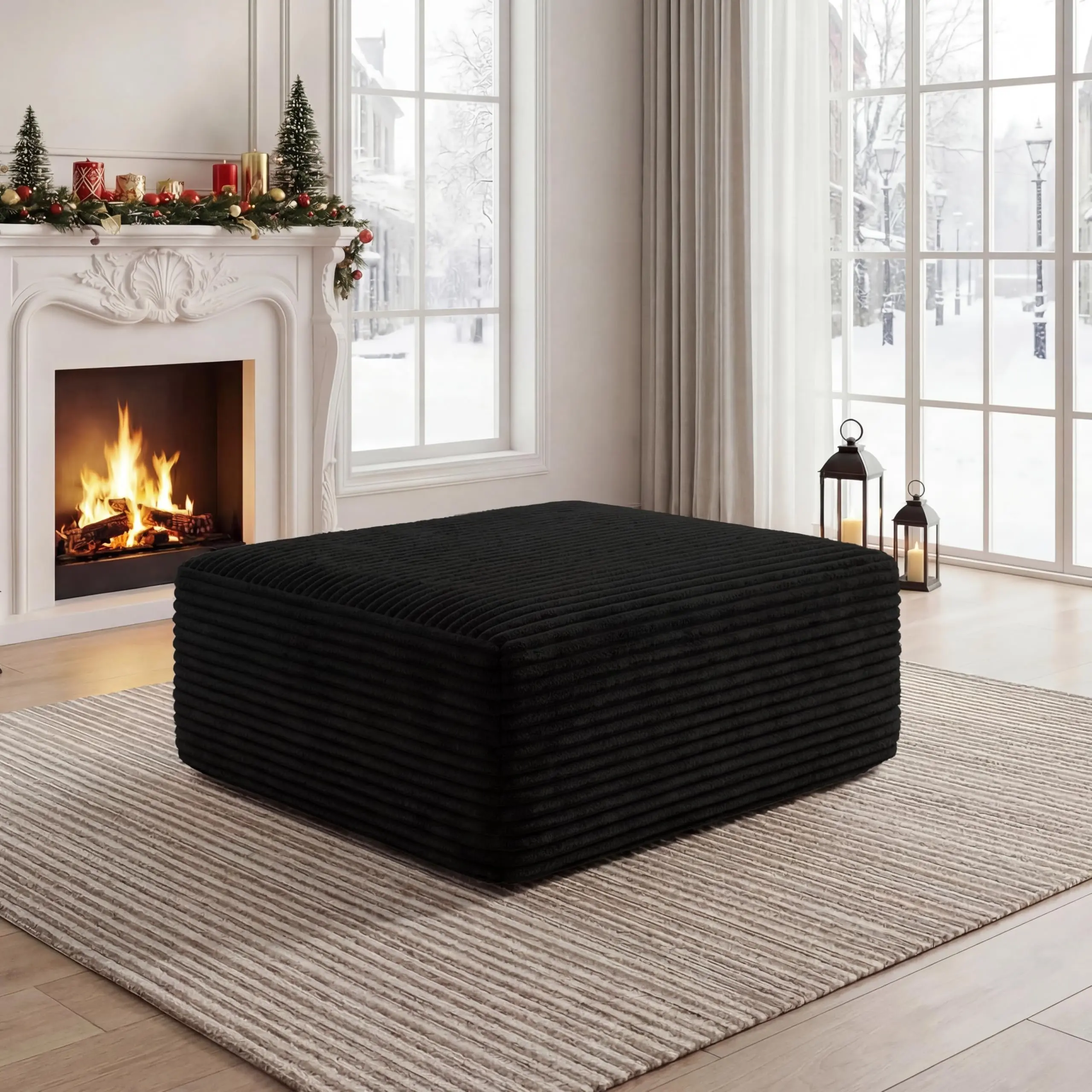 Black Corduroy Texture Single Seat Ottoman - Modern Boneless Foam Footstool, Oversized Modular Sectional Sofa Stool, No-Assembly Durable Cushioned Living Room Decor Furniture Accessory