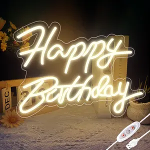 Happy Birthday Warm white Neon Sign for All Partys, Size-16.5 x 11.8inch, Dimmable LED letter Neon Signs for  Wall Decor, Powered by USB Neon led lights for Birthday  Party Decor Gift