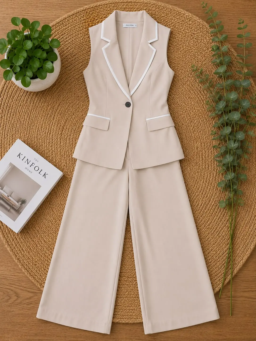 Women's 2-Piece Contrast 1-Button Fitted Vest Set - Beige