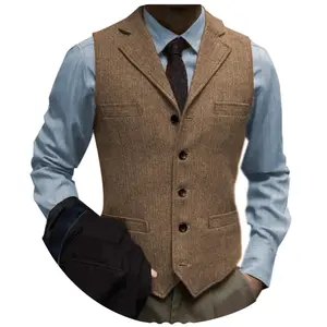 Men's Classic Single Breasted Tweed Herringbone V-Neck Suit Vest Ideal for Western Style Outfits Outdoor Activities and Prom