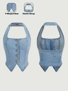 Women's Halter Denim Top, Single Row Vintage Button Decor, Strappy Back Design, V-Neck Crop Cami, Casual Style Summer Party Essential