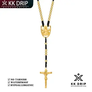 KK Drip Accessories Mens Rosary Cross Necklace with Black Rope Gold Tone Beads Christian Prayer Rosary for Men Religious Faith Jewelry Jesus Cross Pendant Spiritual Daily Wear Meaningful Gift Church Prayer Accessory Pearl Crucifix