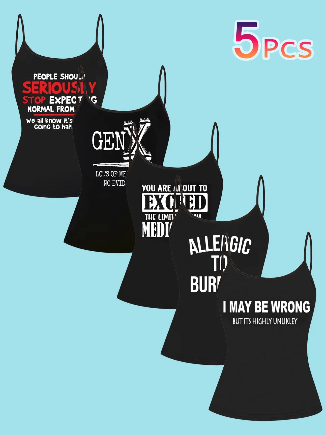 5 Piece Set Cool Quote Printed Strap Tops, Spaghetti Strap, European Style Casual Fashion Tank Top, Trendy Women's Clothing for All Seasons, Casual Flattering Sleeveless Top