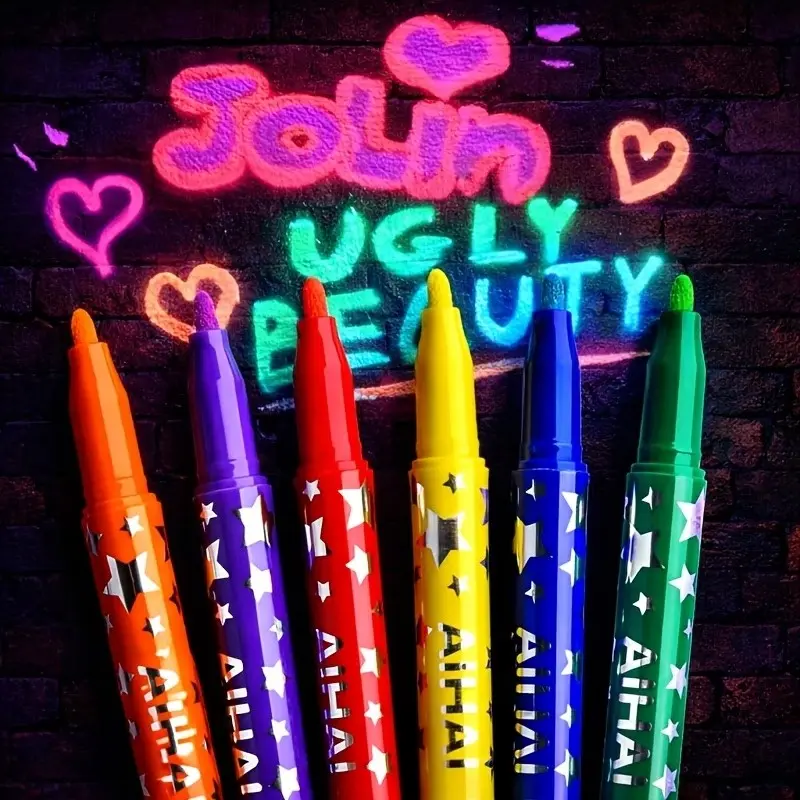 6-Pack Glow-In-The-Dark Highlighter Set, Fluorescent Color Markers for Drawing, Journaling, Poster Making, DIY Crafts, Scrapbooking, Art Supplies