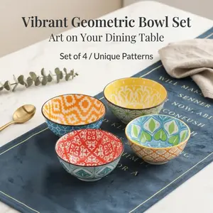 Vibrant Geometric Ceramic Bowl Set of 4, Stackable Colorful Bowls with Unique Patterns, Versatile for Rice, Salads and Desserts, Stylish Kitchenware for Daily Meals and Gatherings
