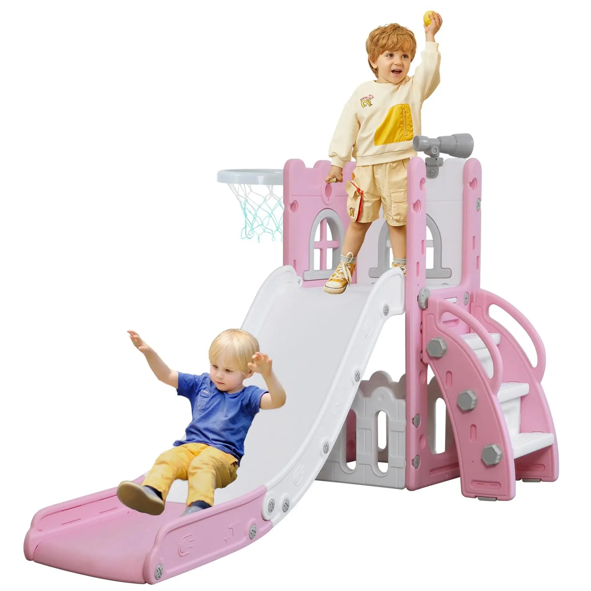 Castle Toddler Slide, 6 in 1 Kids Indoor Slide for Toddlers 1-3, Baby Slide for Indoor Outdoor with Basketball Hoop and Telescope, L Shaped Slide for Kids Toddler Slide Playset (Pink&White)