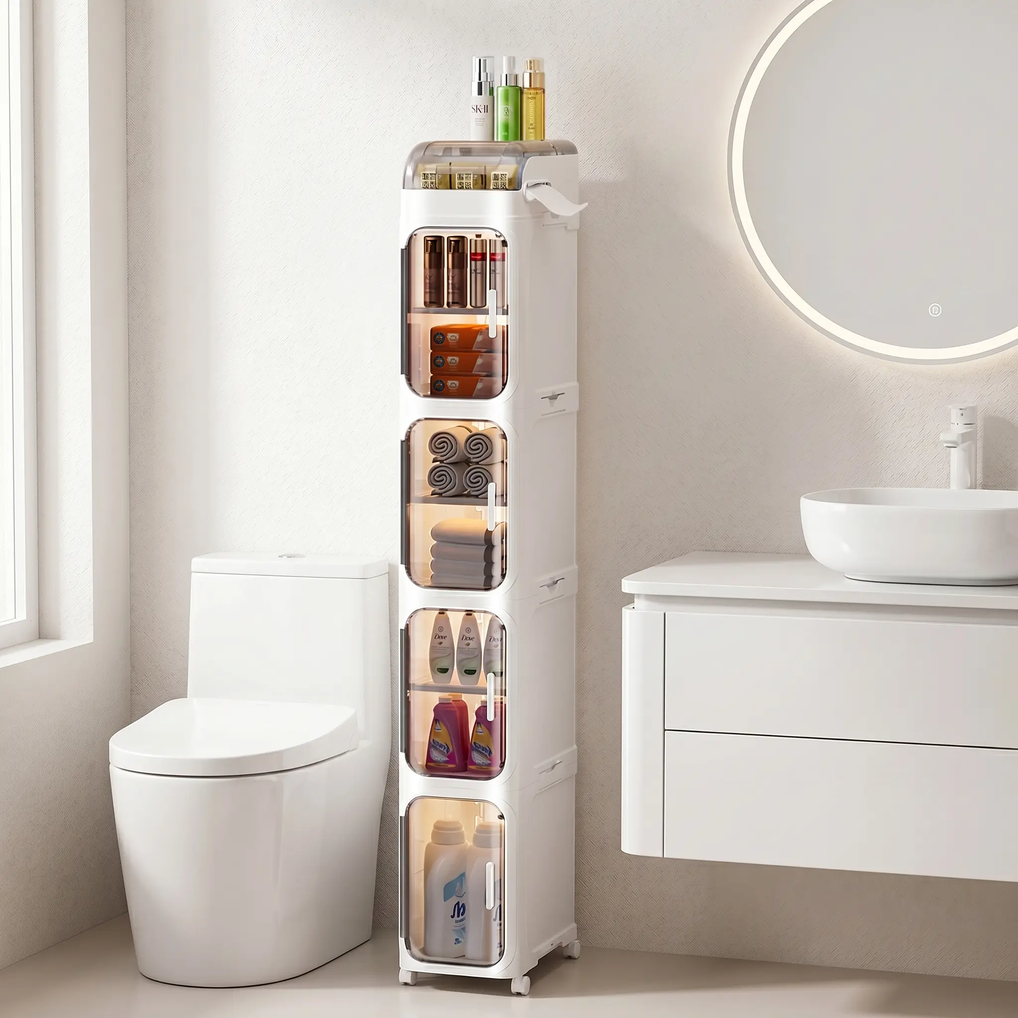 Rolling Slim Storage Cabinet for Tight Spaces, Multi-Tier Bathroom Organizer with Wheels & Clear Flip Doors, Slide Out Pantry Shelves for Kitchen & Laundry Room