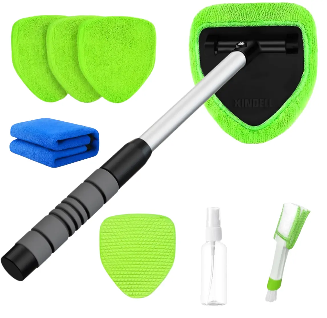 Windshield Cleaner Tool, Car Interior Glass Detailing Kit with Extendable Handle, 180° Swivel Head, 5 Reusable Microfiber Pads, Spray Bottle & Cleaning Towel, Streak Free Inside Windshield Brush, Auto Window Cleaner for Car, Truck, SUV, RV & Home Windows