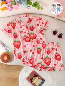 Girls' Fitted Sleepwear Set, Short Sleeve Button-Front Top & Shorts, Cartoon Pattern Design, All-Season Wear, Casual Style, Strawberry Print Pajama, Collared Pajama Set