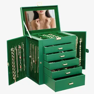 BOOVO  (Green and Gold Jewelry Box) Jewelry Box For women, 6 Layer Large Jewelry Organizer With Mirror, Multi-Function Storage Box With Lock, Necklace Holder With 5 Drawers Minimalist Jewelry Storage Case with Double Side Doors, Gift for Women Earring Box