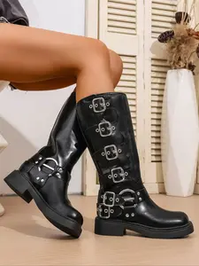 Women's Knee-High Knight Boots, Square Toe Thick Heel, Metal Buckle Decor, Metallic, Vintage Style High-Top Combat Boots, Comfortable Walking Shoes, Black, Rubber