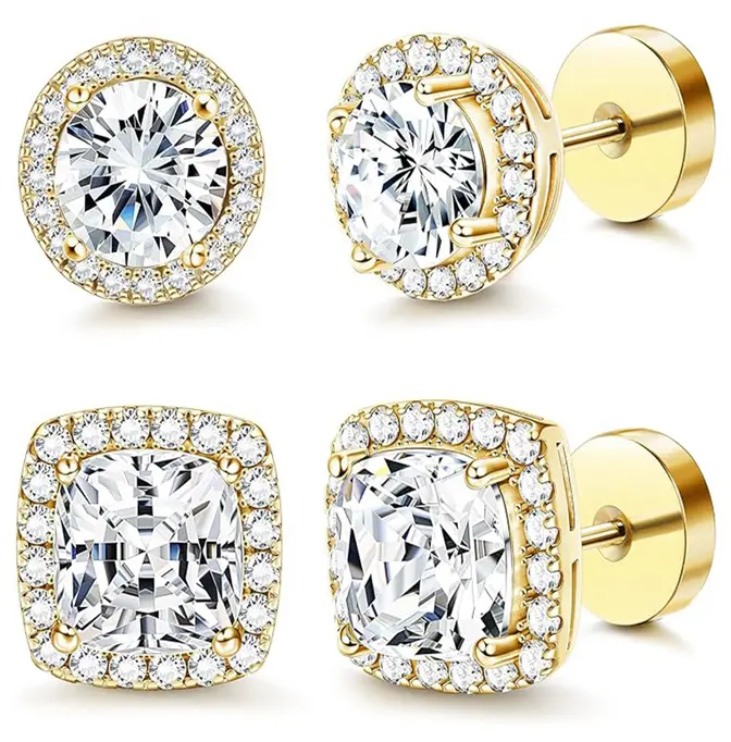 Women's LUZHEN Halo Zircon Stud Earrings 4-Pack - Gold & Silver Round/Square Styles, Hypoallergenic Copper-Plated, Comfortable Daily Wear, Versatile Fashion Jewelry, Jewelry Box Included, Birthday Gifts, Gold Diamond Earrings, Multi-Shape Earrings