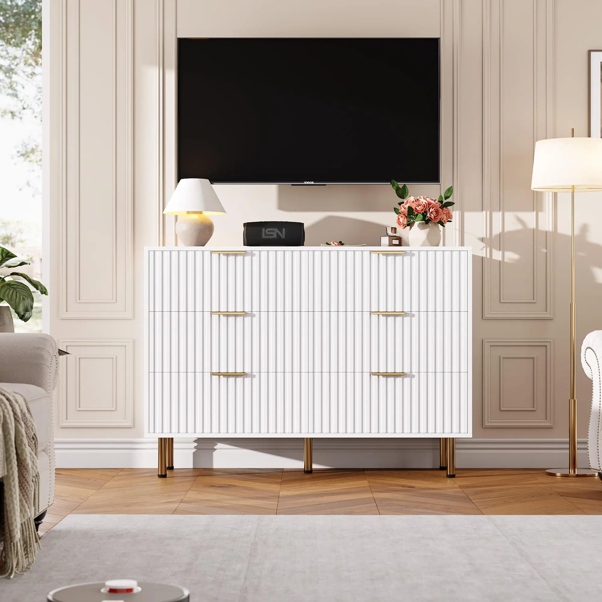 RT-Bedroom Dresser Sets, 6 Drawer Dresser for Bedroom, Modern Chest with Spacious Deep Drawers, Wooden Organizer, for Living Room, Hallway
