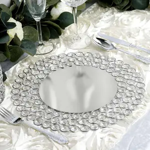 Wired Metal Charger Plate 14" Round Silver with Acrylic Crystal Beads - Decorative Dinner Charger Tableware