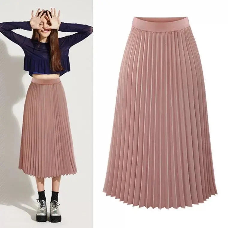 Women High Elastic Waist Pleated Chiffon Skirt Midi Swing A-line Skirts