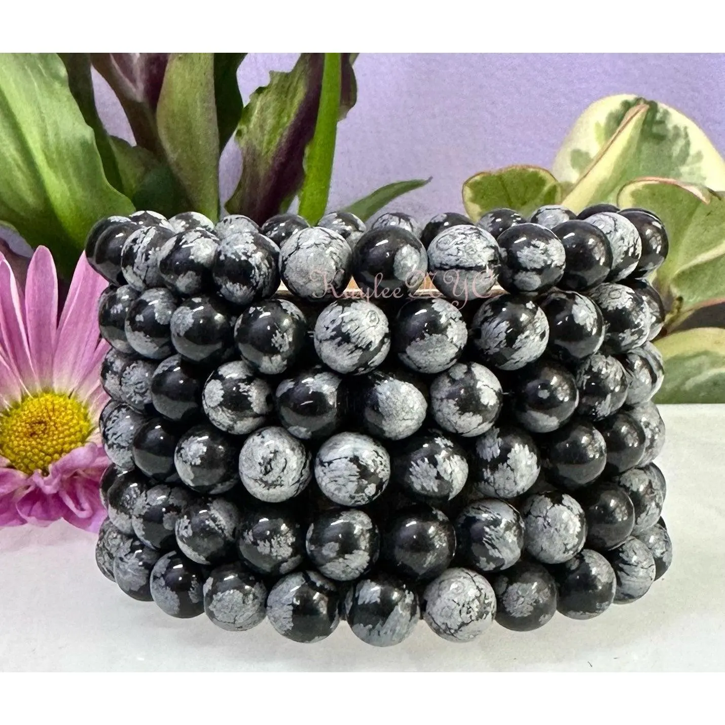 Wholesale Lot 6 Pcs Snowflake Obsidian 8mm 7.5” Crystal Healing Stretch Bracelet
