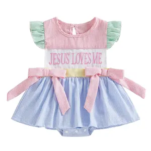 Baby Girls Easter Christian Outfit Jesus Loves Me Romper Dress Ruffles Sleeve Striped Bow Onesie Bodysuit Jumpsuit Baptism Summer Clothes