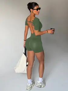 Seamless Ribbed Workout Romper, Backless Open-Back Square Neck Short Sleeve Yoga Bodysuit, Tummy Control Butt Lifting Gym Outfit for Women