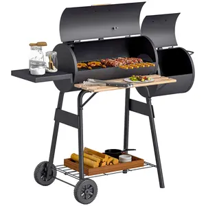 Outsunny Steel Barbecue Grill with Offset Smoker, 231 Sq.In. Cooking Area, Barrel BBQ Combo with Side Tables, Shelf, Thermometer, Wheels for Outdoor Patio, Backyard Gatherings