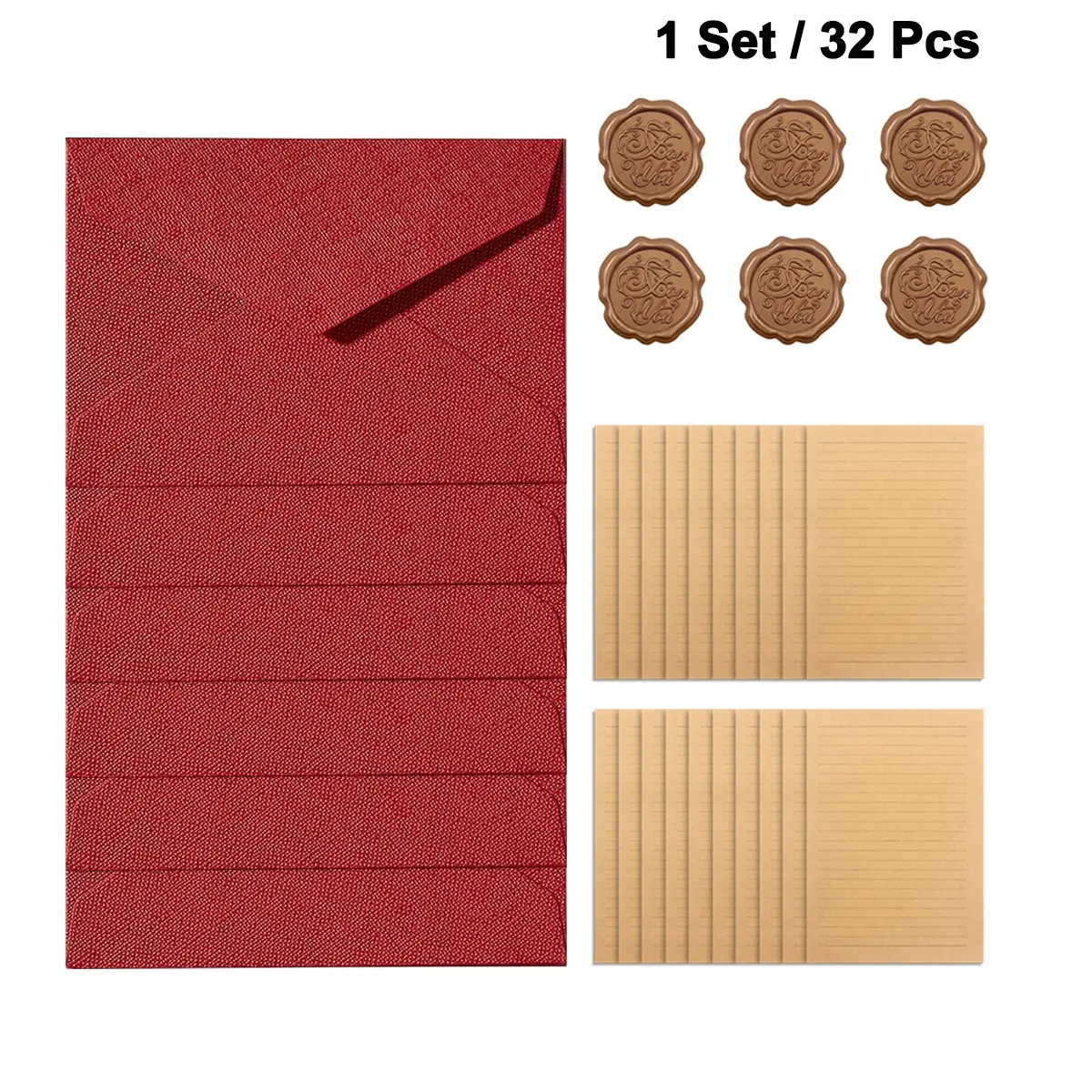 Letter Paper & Envelope Set, 32pcs/set Including 6 Counts Envelope & 20 Counts Letter Paper & 6 Counts Wax Seal, Invitation Envelope, Unique Envelopes for Holiday, Wedding Invitation, Stationery Office Supplies