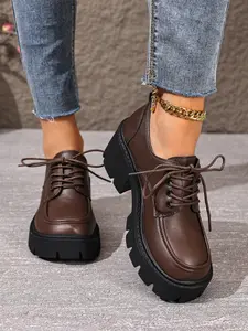 Women's Vintage British Style Lace-Up Thick Sole Small Leather Oxford Shoes, Chunky Heel Anti-Slip Casual Shoes, All-Season Comfortable Walking Shoes
