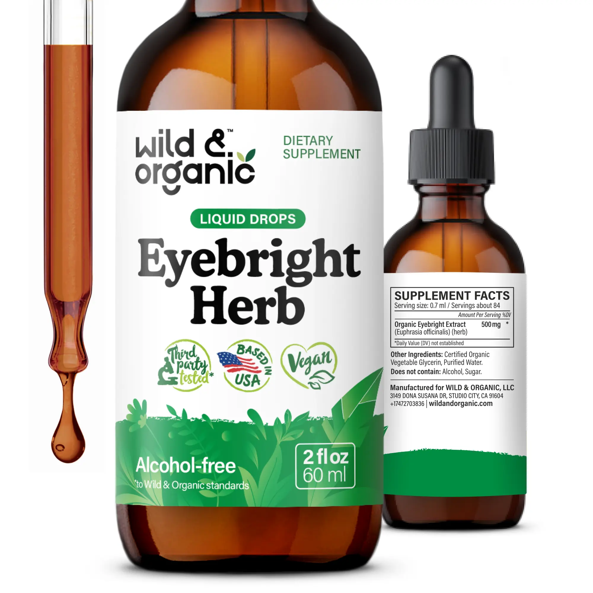 Wild & Organic's Eyebright Herb Tincture - Eye Support with Eyebright Supplement - Dietary Euphrasia Extract Liquid Drops - Vegan, Sugar Alcohol-Free