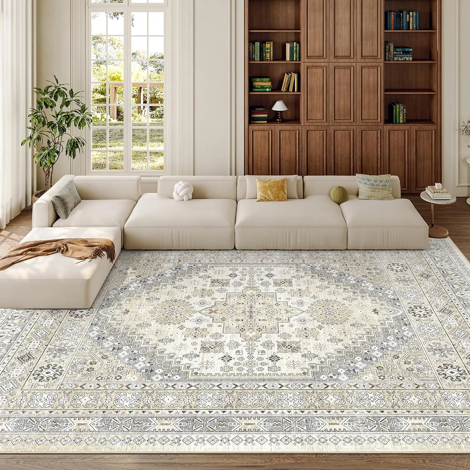 ComiComi Floral Area Rugs for Living Room,Non-Slip Backing Washable Rugs,Vintage Large Area Rug，Stain Resistant Home Decor Rug (Grey, 8'x10'),back to school,dorm essentials,home essentials