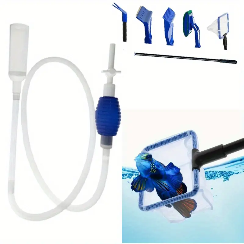Set of  7pcs  Aquarium Fish Tank Cleaning Kit Tools Algae Scrapers Set 5 in 1 & Fish Tank Gravel Cleaner - Siphon Vacuum for Water Changing and Sand Cleaner (Cleaner Set)
