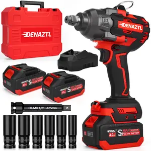 DENAZTL Brushless Impact Wrench, 900Ft-lbs (1000N.m) 1/2" Cordless Impact Gun w/ 2x4.0Ah Battery & 6 Sockets, 3500RPM Power Electric Impact Driver for Car/DIY Furniture/Lawn Mower, Red Toolbox