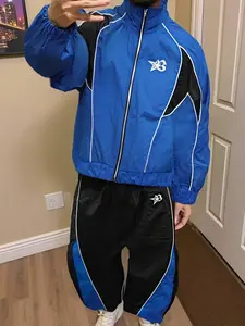 Vibrant Blue Colorblock Sportswear Set, Zipper Jacket & Contrast Patchwork Joggers, Lightweight Windproof Fabric, Retro Style, Streetwear Tracksuit Set